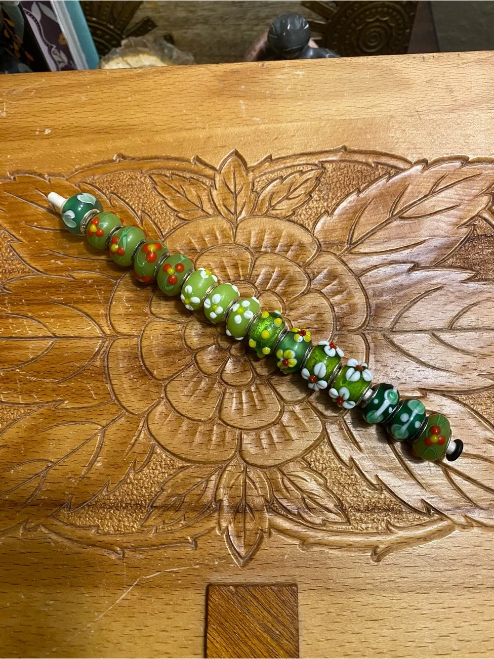 Sterling and Green Glass Floral Beads set of 15